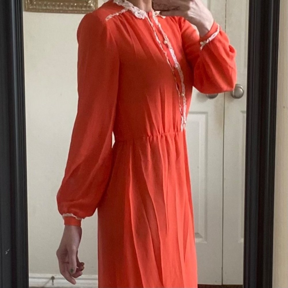 Vintage 1970s handmade orange ivory lace long sleeve a-line midi dress - Picture 3 of 7